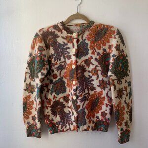 Vtg 50s Jane Irwill Wool Knit Cardigan Brown Floral Granny Cottagecore Sweater